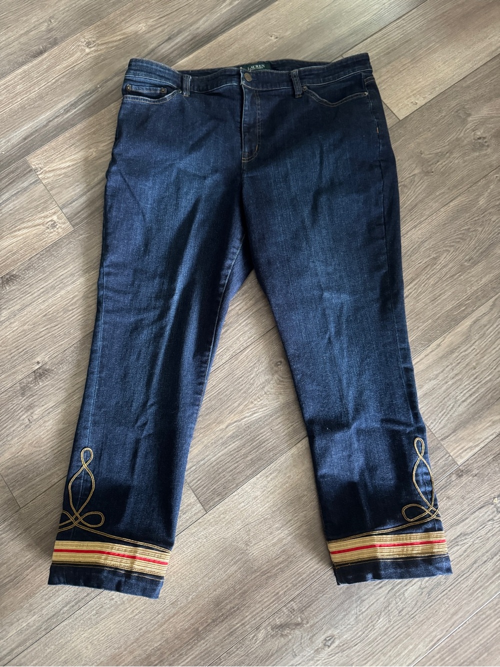 Ralph Lauren Premium Embroidered Cuff Straight Crop Jeans Size 16